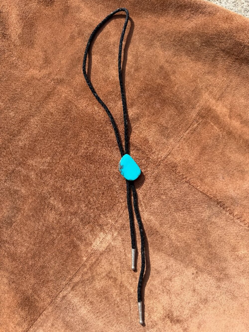 Western Bolo Tie Turquoise Blue Freeform Stone Black Braided Suede Cord NFR